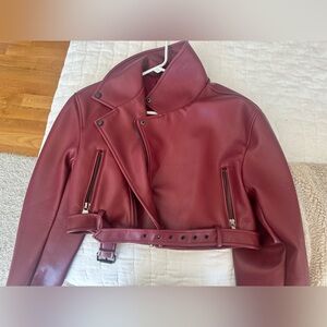 Princess Polly Burgundy Faux Leather Cropped Biker Jacket